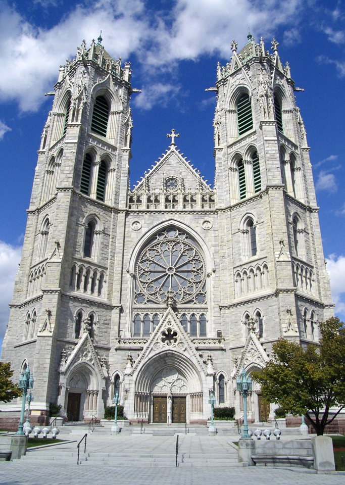 Exterior facade and twin towers of the Cathedral Basilica of the Sacred Heart in Newark, New Jersey