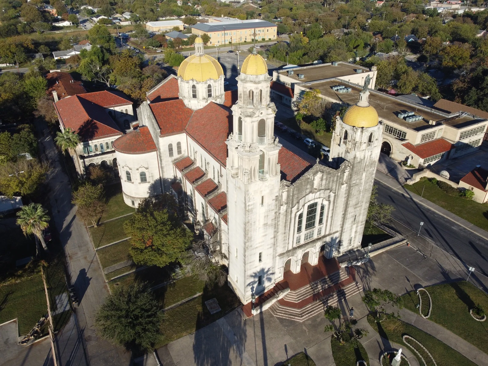 Aerial exterior of the Basilica of the National Shrine of the Little Flower in San Antonio, Texas