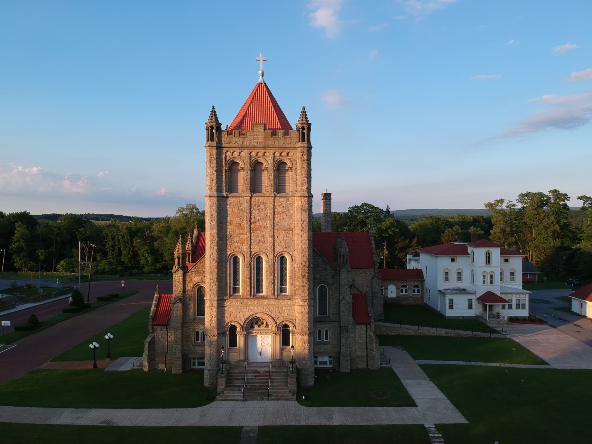 Aerial exterior of the Basilica of St Michael the Archangel in Loretto, Pennsylvania