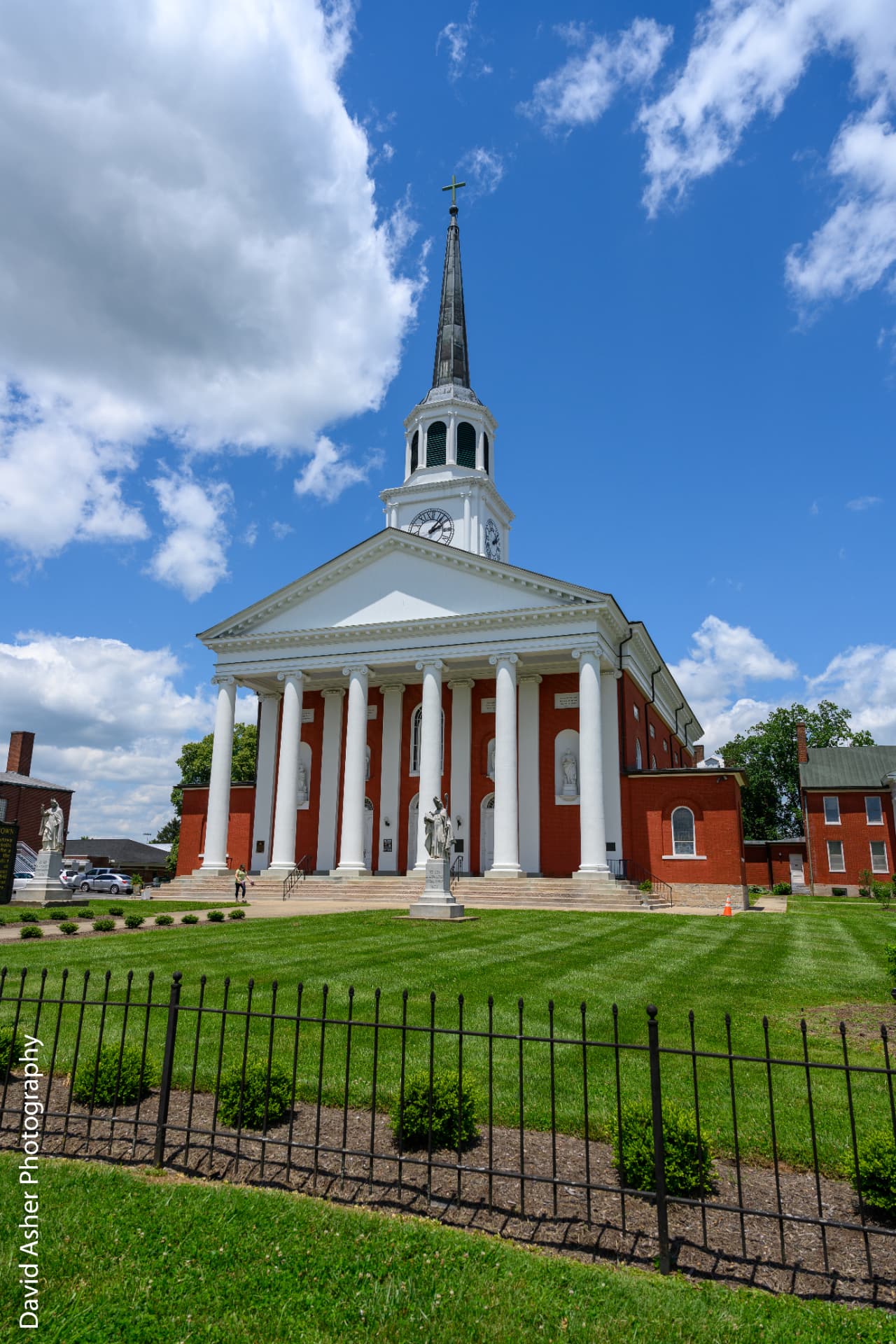 Exterior facade and columns of the Basilica of St Joseph Proto-Cathedral in Bardstown, Kentucky