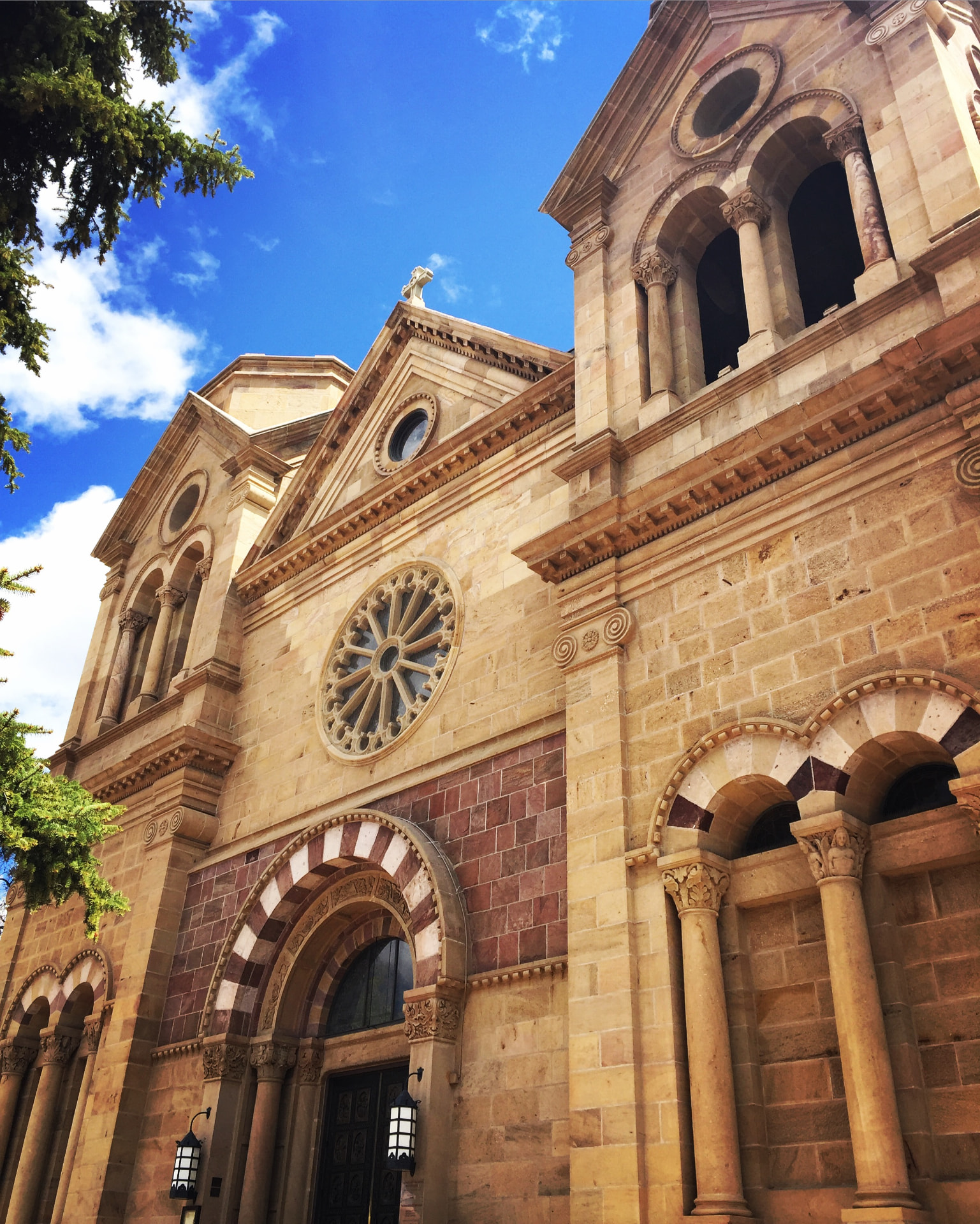 Exterior facade of the Cathedral Basilica of St. Francis of Assisi in Santa Fe, New Mexico