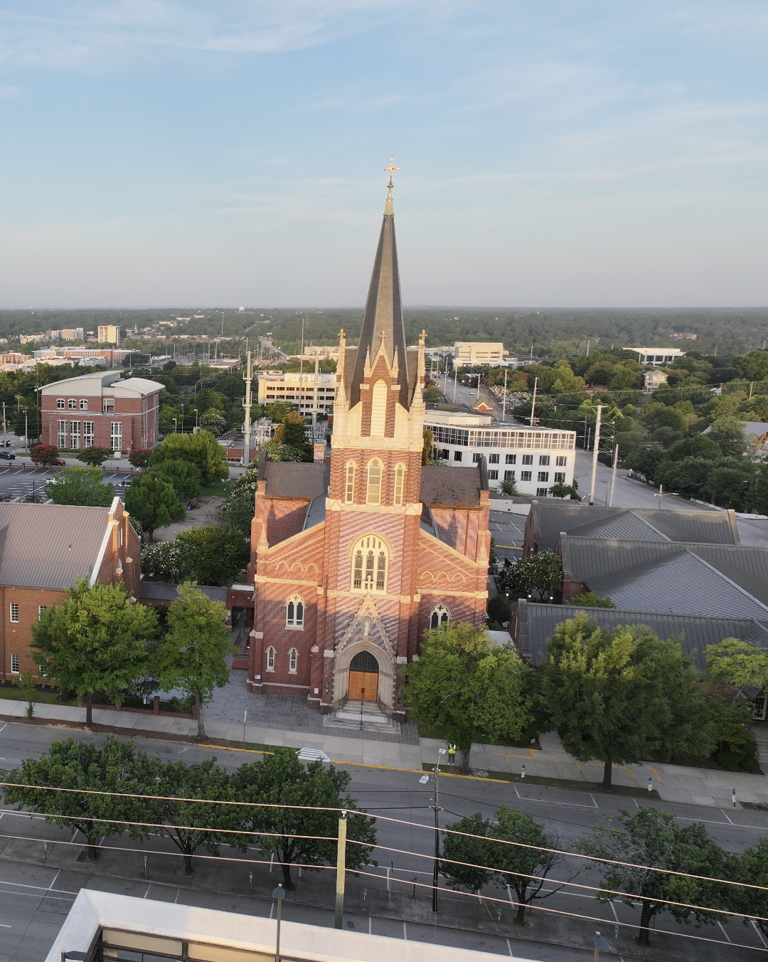 Aerial exterior of the Basilica of St. Peter in Columbia, South Carolina