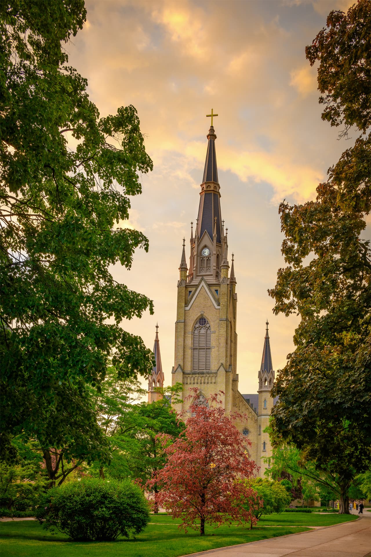 Exterior facade and tower of the Basilica of the Sacred Heart at the University of Notre Dame, Indiana