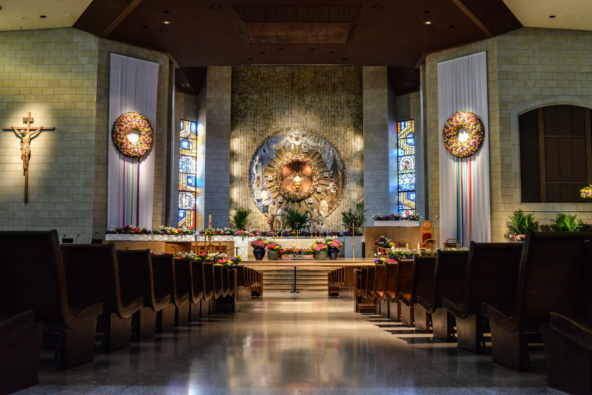 Interior sanctuary of the Basilica of the National Shrine of Our Lady of San Juan del Valle in Texas
