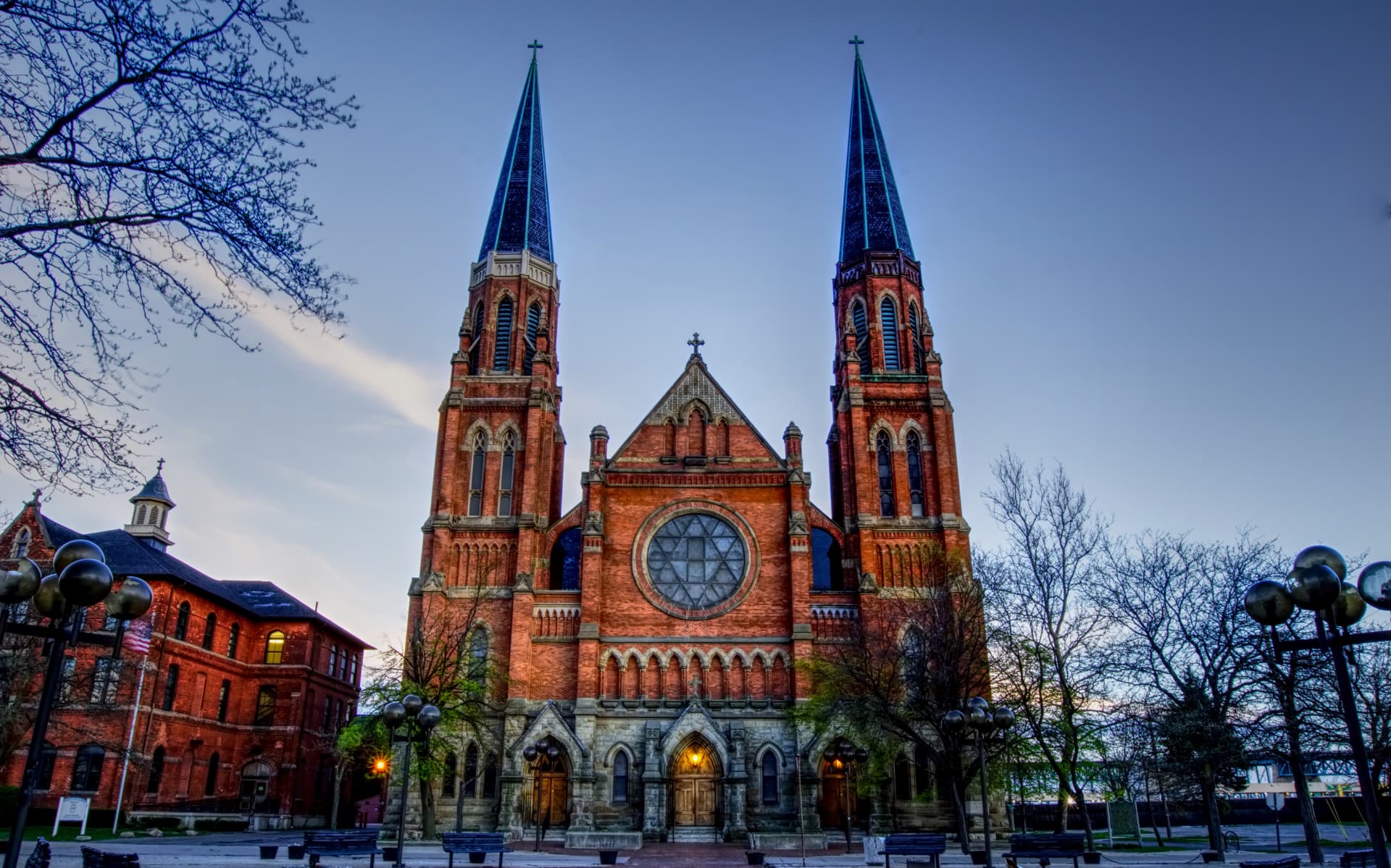 Exterior facade of the Basilica of Sainte Anne de Detroit in Detroit, Michigan