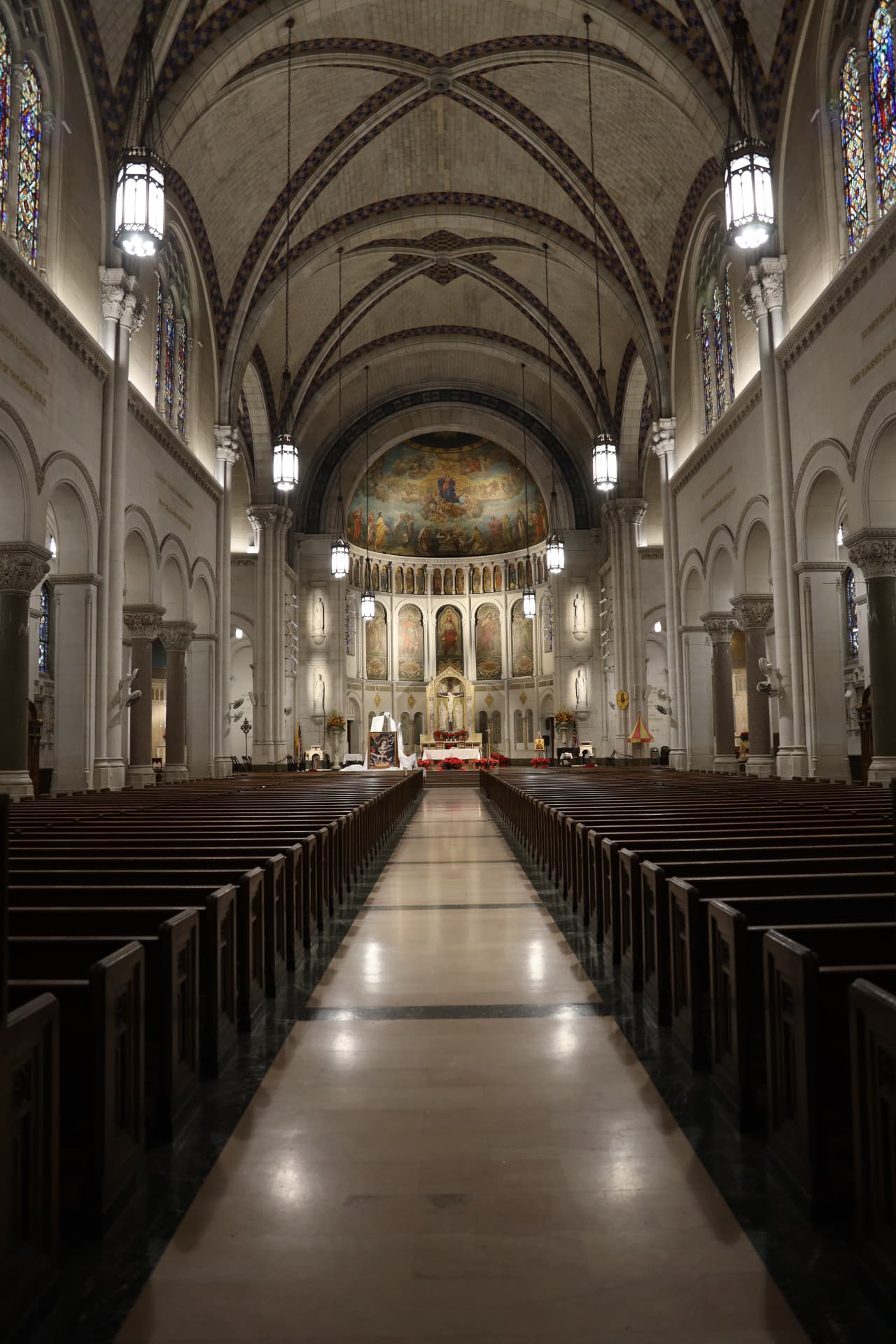 Interior nave and sanctuary of the Basilica of Our Lady of Perpetual Help in Brooklyn