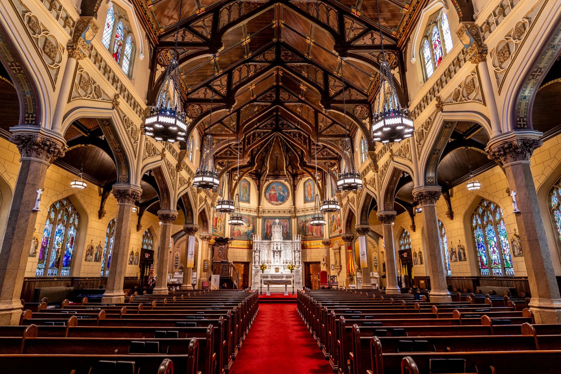 Interior nave and sanctuary of the Basilica of the Sacred Hearts of Jesus and Mary in Southampton