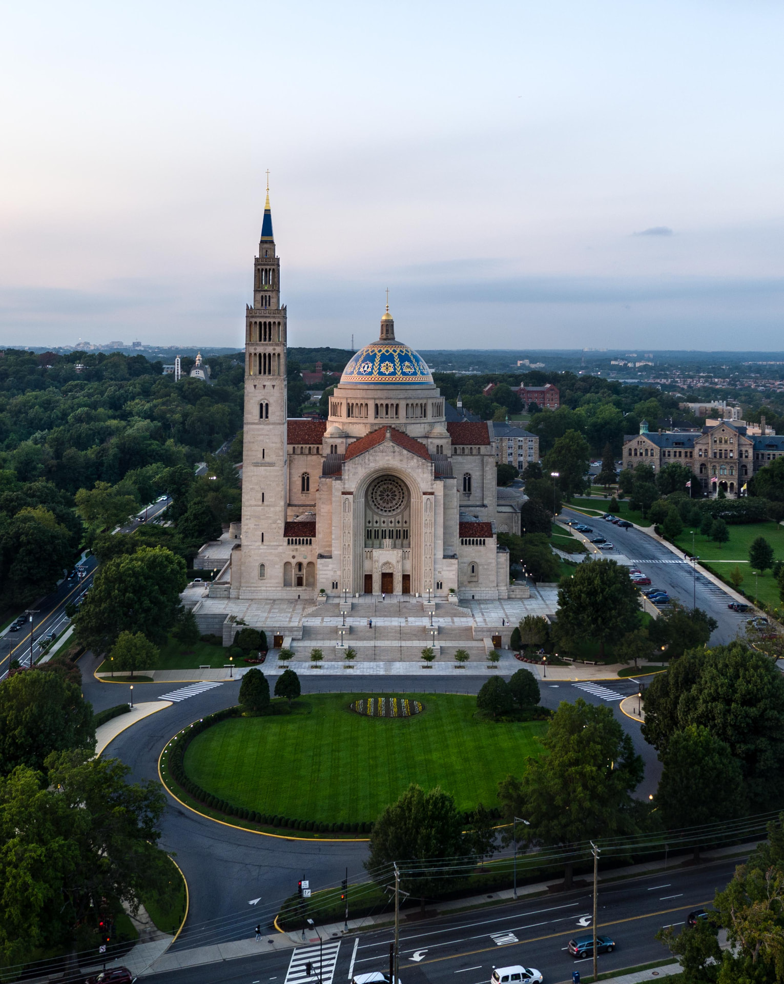 The Basilica of the National Shrine of the Immaculate Conception at sunset